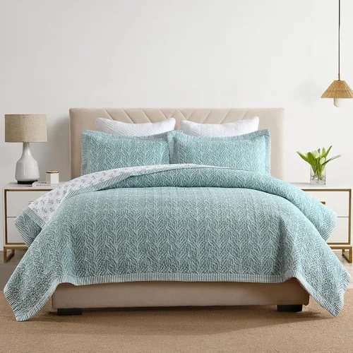 Vista 8 de SahSahCasa - Juego de cama con edredón tamaño queen, 100% algodón, con colcha, patrón botánico, color sólido, elegante, edredón acolchado ligero