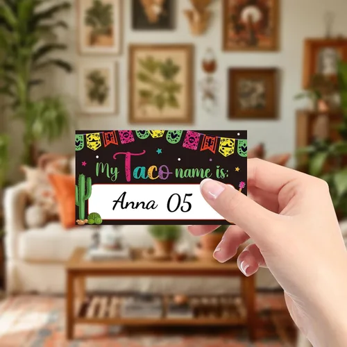 Vista 7 de COCHIE Juego de tacos para fiesta, familia, adultos, oficina, grupos grandes, con nombre de taco, decoración de fiesta mexicana con 36 calcomanías