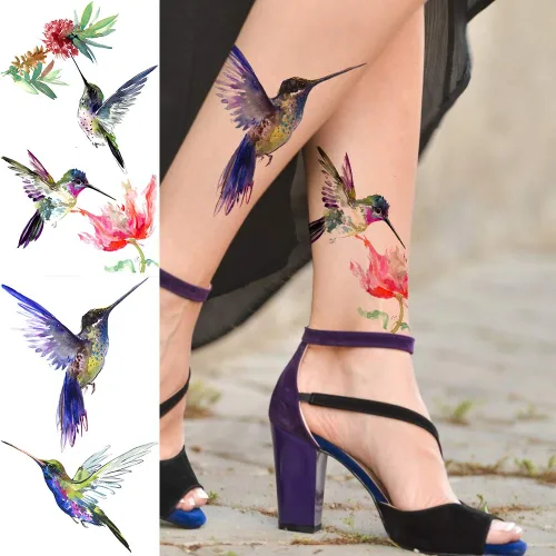 Vista 4 de 15 hojas de tatuajes temporales de colibrí de acuarela 3D de FANRUI para mujeres y niñas, pequeño, multicolor, colibrí, tatuaje, temporal, colorido