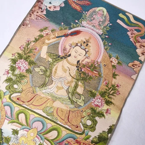 Vista 3 de Tela tibetana de seda de 36 pulgadas, bordado tibetano, budismo de seda, manjusri, bodhisattva, fénix, tangka, thangka, fengshui, para colgar