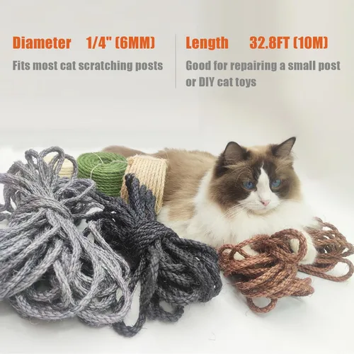 Vista 2 de Cuerda de sisal natural para rascador de gatos, cuerda de sisal de 1/4 de pulgada y 32 pies para reemplazo de poste de rascador de gatos, reemplazo