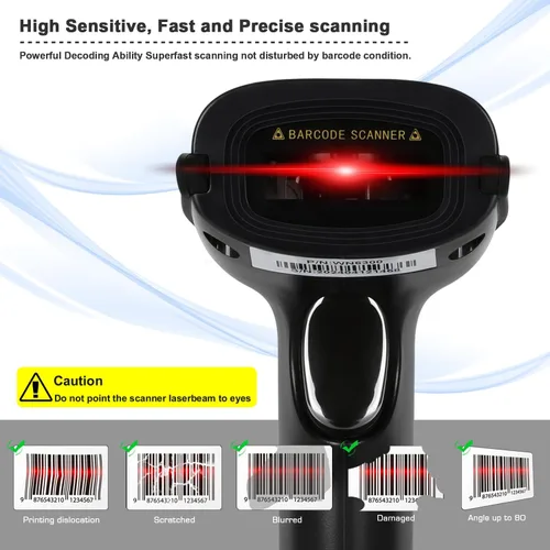 Vista 8 de WoneNice Escáner de código de barras inalámbrico 2.4G - Lector de código de barras inalámbrico de mano 1D para venta al por menor, almacén, Negro