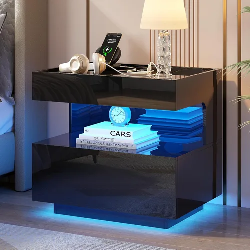 Vista 21 de HNEBC Mesita de noche negra con 3 cajones y estación de carga inalámbrica y negro (91016-1pcs-Black)