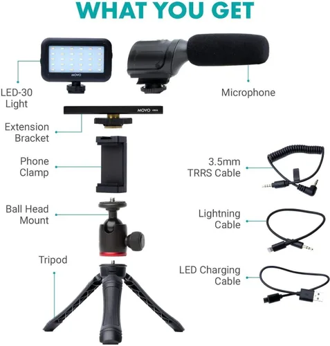 Vista 2 de Movo iVlogger - Kit de vlogging compatible con iPhone Android USB tipo C Accesorios para teléfono inteligente: trípode para teléfono, soporte
