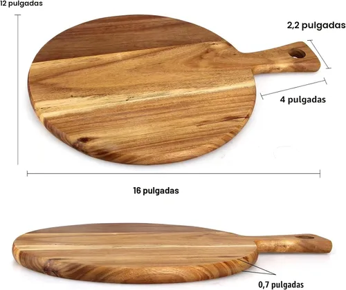 Vista 3 de Tabla de cortar de madera de acacia con mango Tabla de cortar de madera redonda para decoración de cocina, bandeja grande de charcutería, tabla
