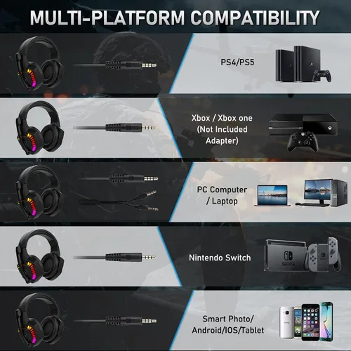Vista 6 de MANBASNAKE Auriculares para juegos para PS4, PC, Xbox One PS5, auriculares con cancelación de ruido sobre la oreja con micrófono ajustable, luz RGB