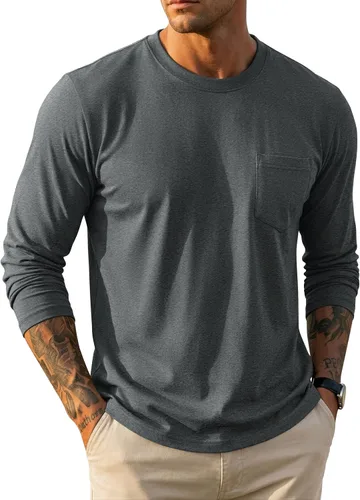 Vista 7 de MAGCOMSEN Camisa de manga larga para hombre con bolsillo, de algodón, cuello redondo, casual, ligera