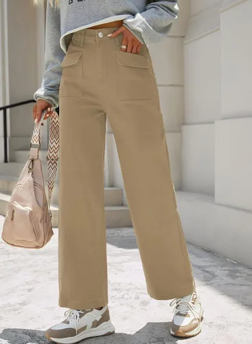 Vista 2 de Dokotoo Pantalones cargo para mujer, holgados, de pierna ancha, cintura alta, pantalones casuales de jean elásticos