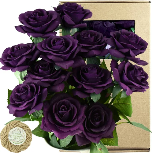 Vista 28 de FiveSeasonStuff 12 tallos de flores artificiales azul hielo, rosas de seda de tacto real para decoración de boda, en caja de regalo Azul helado