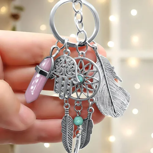 Vista 2 de MyfavoriteK Dreamcatcher Hamsa Llavero de buena suerte, adorno de piedras preciosas para llavero de coche
