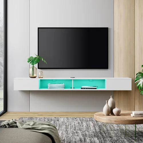 Vista 12 de WAMPAT Estante flotante de TV de 70 pulgadas con luz LED amarilla, soporte de TV flotante blanco montado en la pared con almacenamiento para TV
