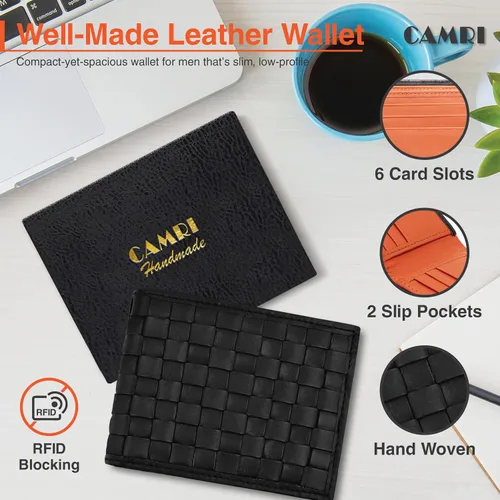 Vista 7 de CAMRI Cartera de cuero tejida a mano para hombre, tarjetero de crédito, carteras de bloqueo RFID para hombres del Reino Unido, peso ligero, delgado
