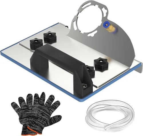 Vista 8 de Herramienta de biselado de azulejos de 45 grados, soporte de amoladora angular con 5 piezas de discos de molienda, cuchillas de corte, guantes