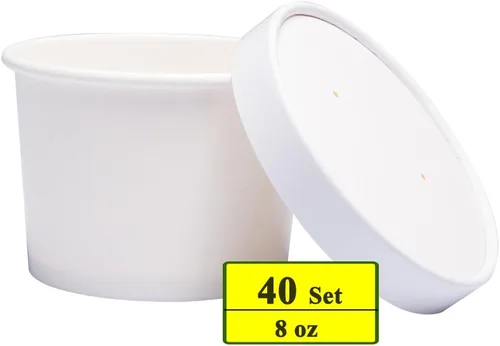Vista 3 de Vasos de papel para helado con tapas de papel, tazas de papel para sopa caliente/fría con tapas (blanco) (40, 8 onzas)