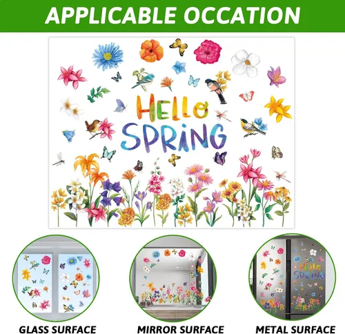 Vista 5 de 9 hojas de calcomanías de ventana de primavera con texto en inglés «Hello Spring» para ventanas, flores, mariposas, abejas, pájaros, calcomanías