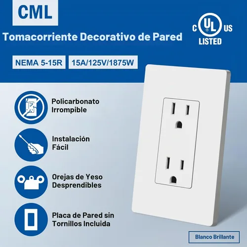 Vista 2 de CML - Toma de corriente decorativa de 15 amperios, paquete de 20 tomas de corriente estándar con placa de pared sin tornillos, resistente a