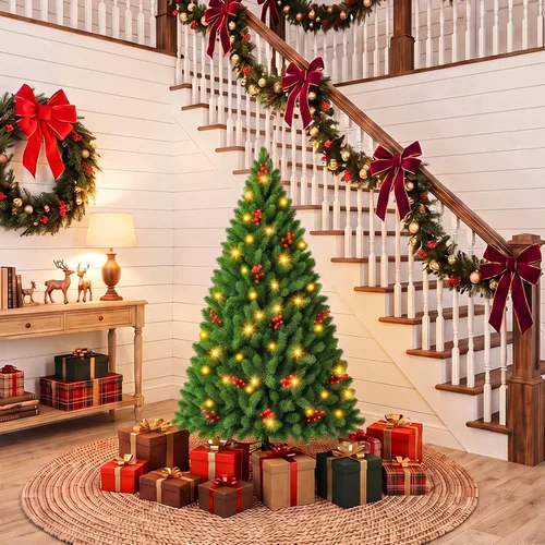 Vista 11 de NEWBULIG Árbol de Navidad preiluminado de 4.5 pies con bayas rojas Verde