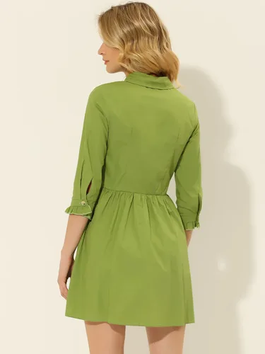 Vista 4 de Allegra K Vestido camisero casual de negocios para mujer, manga 34, con botones, para el trabajo, verano, mini vestidos