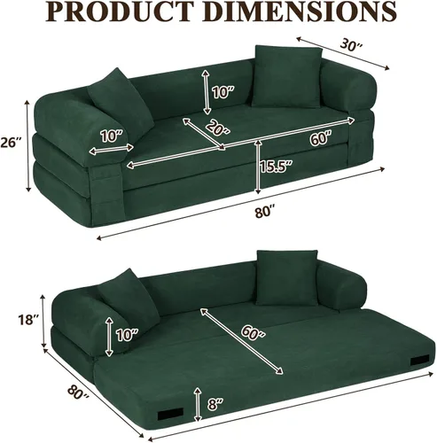 Vista 2 de Anwick Sofá cama convertible sin hueso de 80 pulgadas, sofá cama 3 en 1, tamaño Queen para sala de estar, estudio, apartamento, pana, espuma Verde