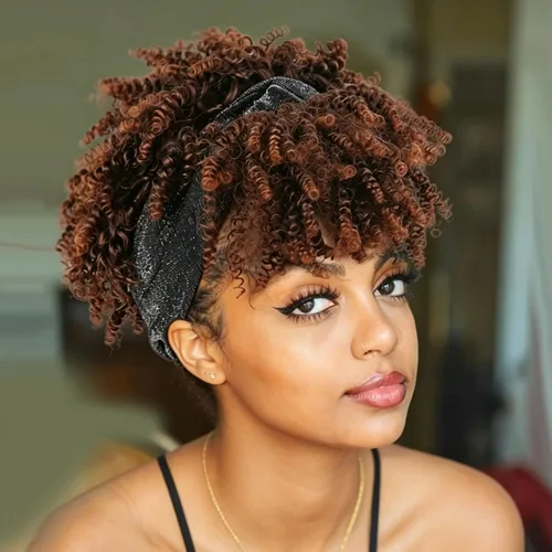 Vista 26 de Aisaide Peluca de Diadema Afro Rizada Crespa, Pelucas Afro Negras Cortas para Mujeres Negras, Peluca Sintética Rizada Crespa con Diadema y Flequillo