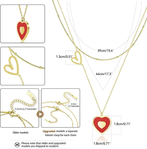 Vista 5 de Linawe Gargantilla de cadena con dije de corazón de doble capa, collar apilado para mujer, oro rosa de 14 quilates, tono plateado, disfraz de amor