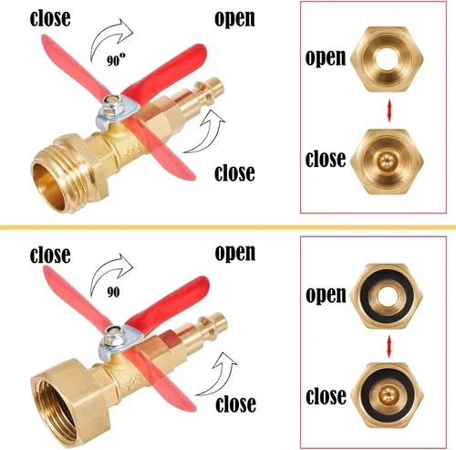 Vista 4 de Adaptador de Soplado para Invierno, Conector Macho de Conexión Rápida de 1/4 Pulgadas y Rosca de Manguera GHT de 3/4 Pulgadas. Con Válvula de Bola