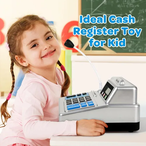 Vista 4 de Calculadora de caja registradora – Caja registradora de juguete de 103 piezas, juego de tienda con micrófono, tarjeta de crédito y banco para niños