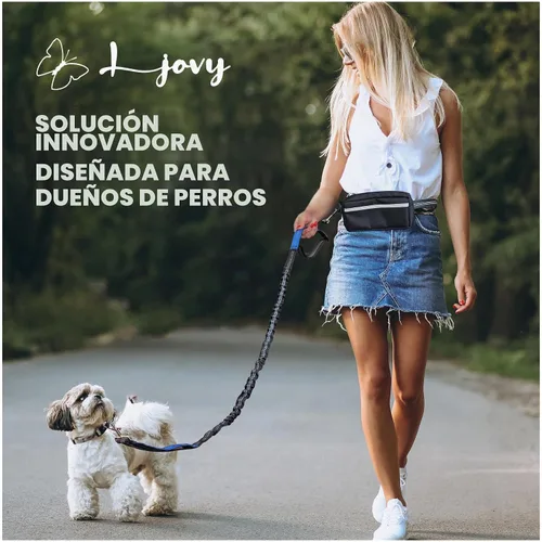 Vista 6 de Correa para perro manos libres con cinturón y bolsa grande con cremallera, correa de cintura para pasear perros, correr y senderismo, costuras Negro
