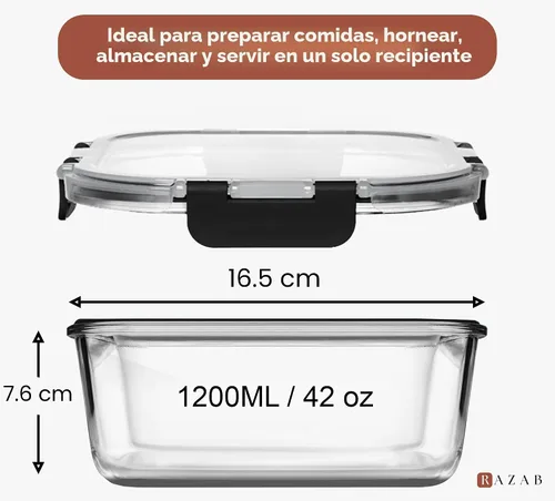 Vista 2 de Razab 2 recipientes de vidrio de almacenamiento de alimentos de 41 onzas con tapas, herméticos y a prueba de fugas, aptos para microondas