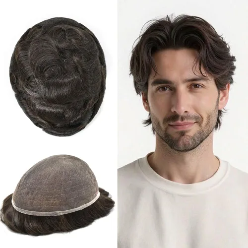 Vista 79 de PUNRU HAIR Completo Swiss Lace Toupee para hombres Sistema de cabello humano real Sistema de reemplazo de cabello humano para hombre Toupee