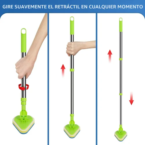 Vista 6 de Cepillo de Limpieza de Fregado 2 en 1 con mango extensible de 37 pulgadas de largo, 1 cerdas rígidas y 3 cepillos de esponja, limpiador de ducha