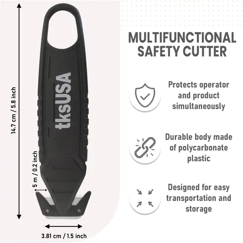 Vista 3 de Cortador de caja de seguridad. tksUSA here, tu cortador inoxidable, abridor de paquetes de acero. Paquete de cuchillos de seguridad con cuchilla
