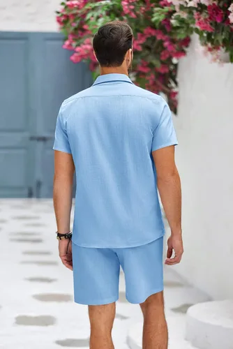 Vista 5 de COOFANDY Conjunto de ropa de lino azul para hombre, camisa de algodón de manga corta con botones y pantalones cortos de lino