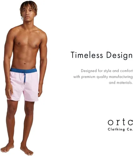 Vista 3 de ORTC - Bañador varonil azul marino o rosa, rayas, cintura azul, traje de baño de secado rápido para hombre, malla - 100% poliéster reciclado