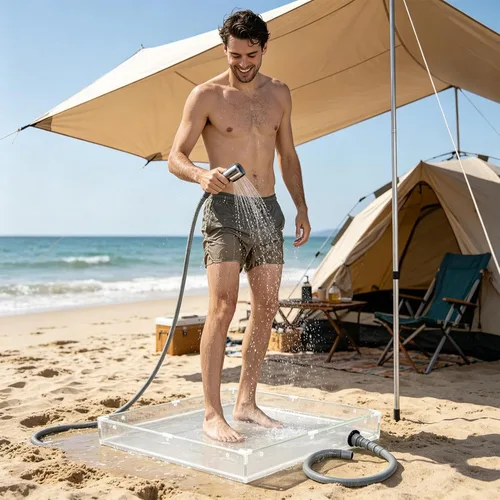 Vista 4 de Sartén de ducha portátil, plegable, compacta, antideslizante, base de ducha para caravana con puerto de drenaje integrado, lavabo impermeable