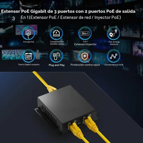 Vista 2 de MokerLink Interruptor de paso PoE Gigabit de 3 puertos - Repetidor IEEE 802.3af/at, 100/1000Mbps, 1 PoE en 2 salidas, montaje en pared