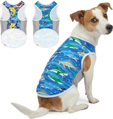 Vista 22 de Camiseta para perro con protección solar UPF 50+, paquete de 2 chalecos ligeros sin mangas para perros pequeños y niñas, tiras reflectantes, ropa