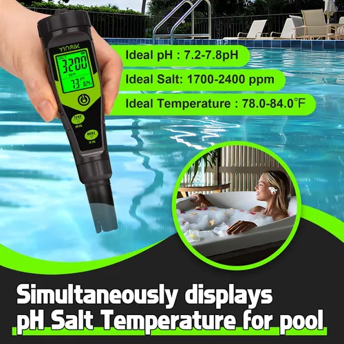 Vista 3 de Probador de Sal para Piscina, Medidor Digital 5 en 1 de pH, TDS, EC y Salinidad con Kit de Solución de Calibración, Visualización Simultánea de ppm