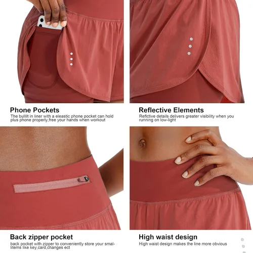 Vista 5 de Pantalones cortos para correr 2 en 1 para mujer para entrenamiento, atletismo, gimnasio, yoga cuenta con bolsillos para el teléfono.