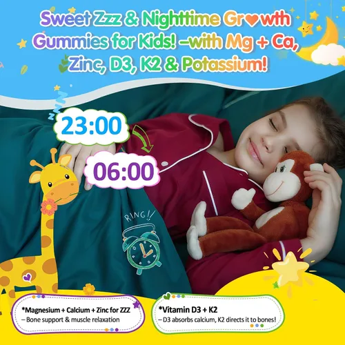 Vista 4 de Gomitas para dormir con magnesio + azafrán para niños, gomitas relajantes rellenas, calcio y zinc, minerales + multivitamínicos, sin melatonina