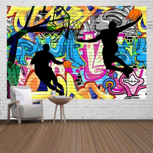 Vista 11 de Ine Ive Tapiz deportivo de baloncesto con graffiti nostálgico, póster de pared de arte callejero de 40 x 30 pulgadas para niños, silueta de tiro