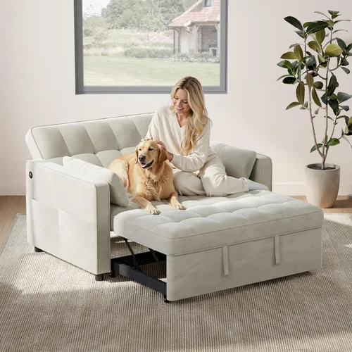 Vista 2 de Yaheetech Sofá cama convertible 3 en 1, sofá cama plegable de terciopelo con respaldo ajustable, almohadas para reposabrazos, puertos USB, bolsillos
