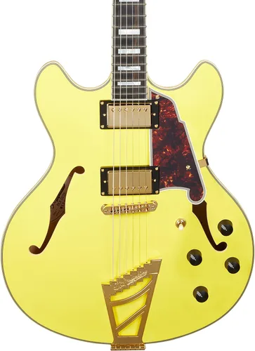 Vista 5 de D'Angelico Guitarra eléctrica semihueca de lujo DC con pieza de cola de escalera, color amarillo eléctrico mate