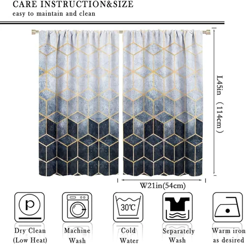 Vista 2 de YCness Cortinas de Mármol Geométricas, Azul Marino Dorado Geometría Abstracta Patrón Hexagonal Textura Tratamientos para Ventanas para Dormitorio