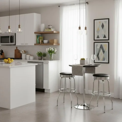Vista 2 de Furnifact Juego de mesa de barra redonda, Taburetes giratorios negros, Muebles de comedor de pub de alta calidad, Parte superior de chapa de madera