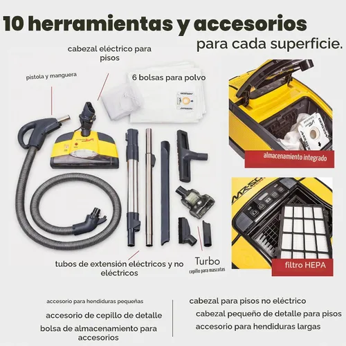 Vista 5 de Vapamore Aspiradora MR-500 Vento con cable retráctil, aspiradora multiusos de grado profesional con accesorios, incluye 6 bolsas de polvo HEPA