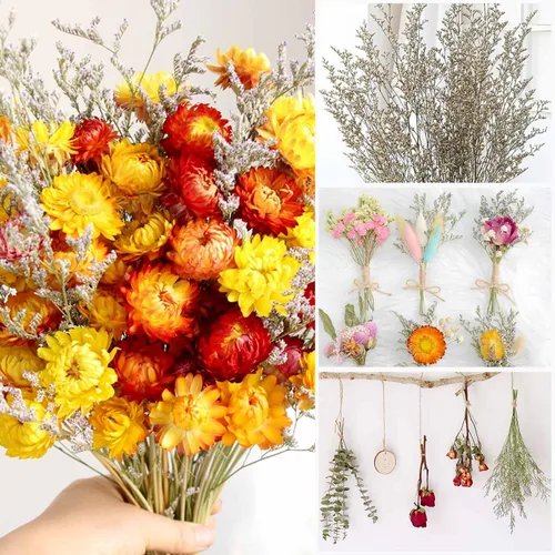 Vista 7 de Ramo de flores secas, paquete de flores de caspia naturales secas de 17 pulgadas para decoración de jarrón Real Lavender, Babys Breath, Floral