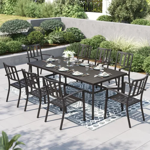 Vista 30 de PHI VILLA Juego de comedor al aire libre de 7 piezas para 6, mesa rectangular de metal negro de 60 pulgadas con agujero para sombrilla y sillas
