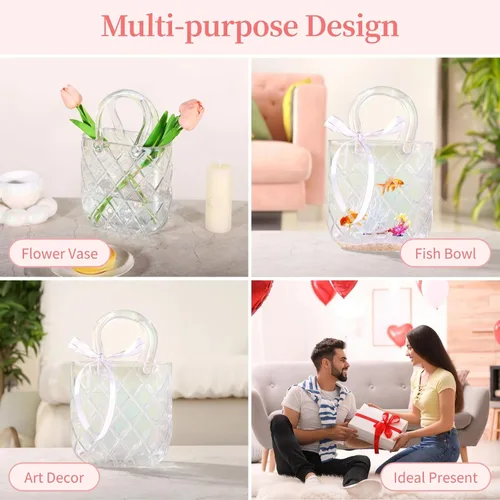 Vista 6 de Florero de cristal iridiscente con asa, elegante florero decorativo transparente con textura, hogar y centro de mesa