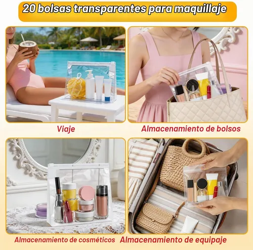 Vista 4 de Arroyner Mini bolsa de maquillaje transparente, 15 piezas, pequeñas bolsas de cosméticos de plástico transparente con cremallera, bolsa